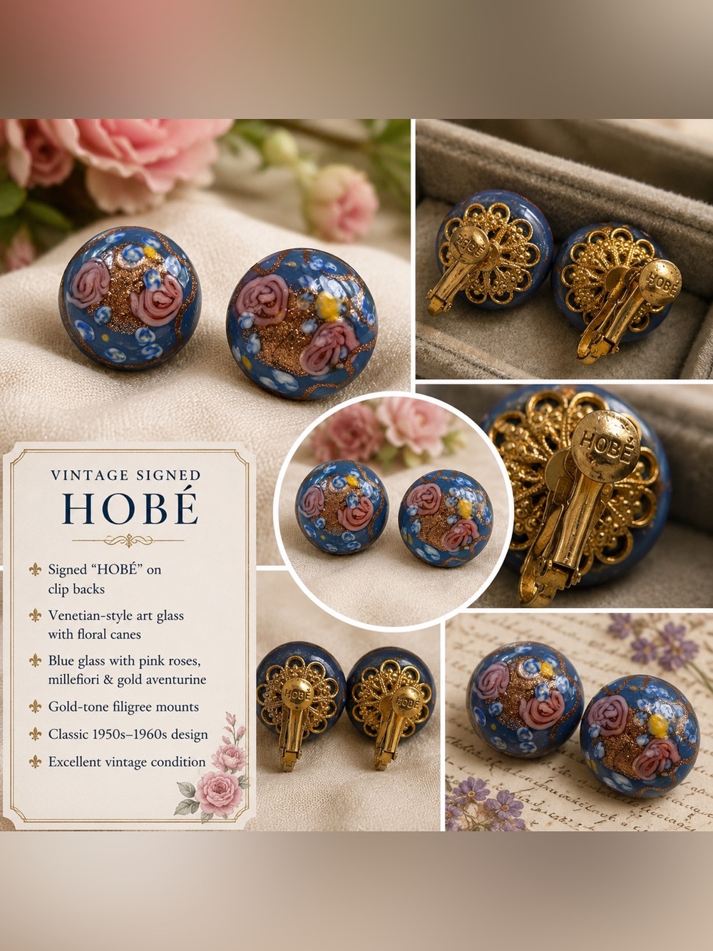 Hobé Blue Venetian-Style Glass Floral Clip-On Earrings